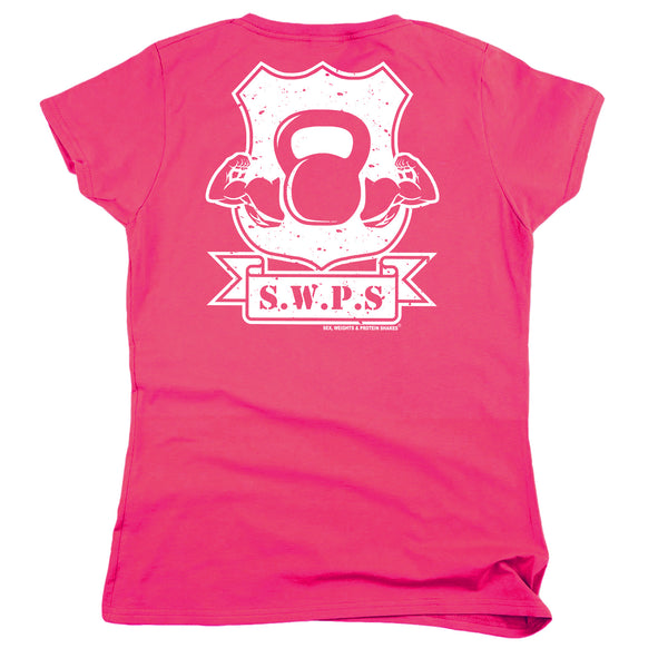 FB Sex Weights and Protein Shakes Gym Bodybuilding Tee - Flexing Logo Shield -  Womens Fitted Cotton T-Shirt Top T Shirt