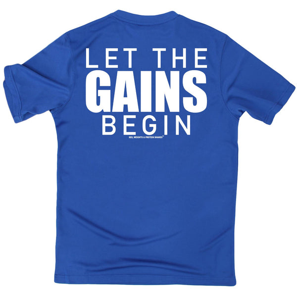 FB Sex Weights and Protein Shakes Gym Bodybuilding Tee - Let The Gains Begin - Dry Fit Performance T-Shirt