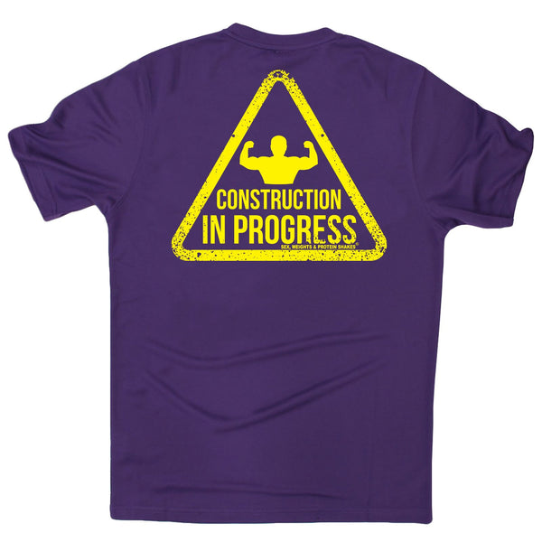 FB Sex Weights and Protein Shakes Gym Bodybuilding Tee - Construction In Progress - Dry Fit Performance T-Shirt