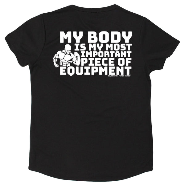 FB Sex Weights and Protein Shakes Gym Bodybuilding Ladies Tee - My Body Equipment - Round Neck Dry Fit Performance T-Shirt