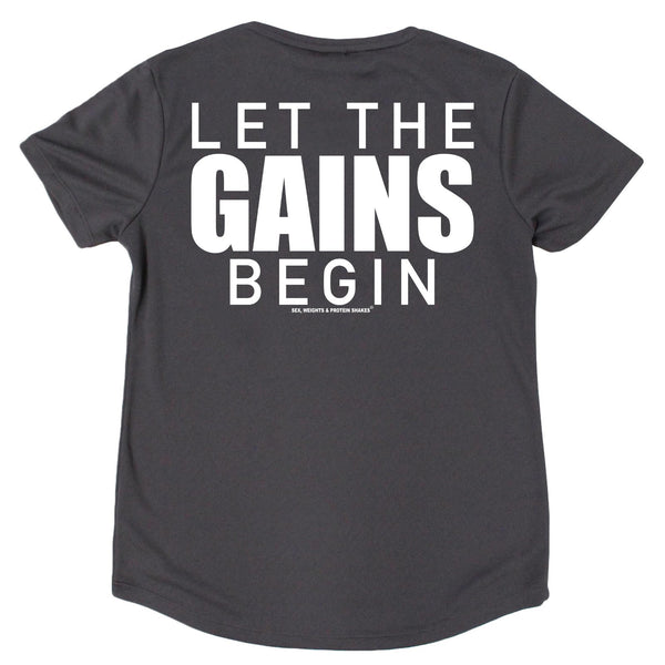 FB Sex Weights and Protein Shakes Gym Bodybuilding Ladies Tee - Let The Gains Begin - Round Neck Dry Fit Performance T-Shirt