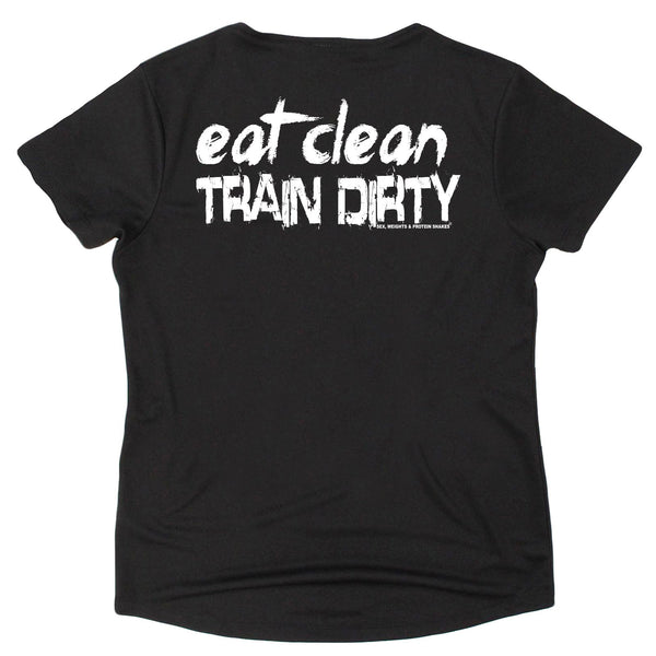 FB Sex Weights and Protein Shakes Womens Gym Bodybuilding Tee - Eat Clean Train Dirty - V Neck Dry Fit Performance T-Shirt