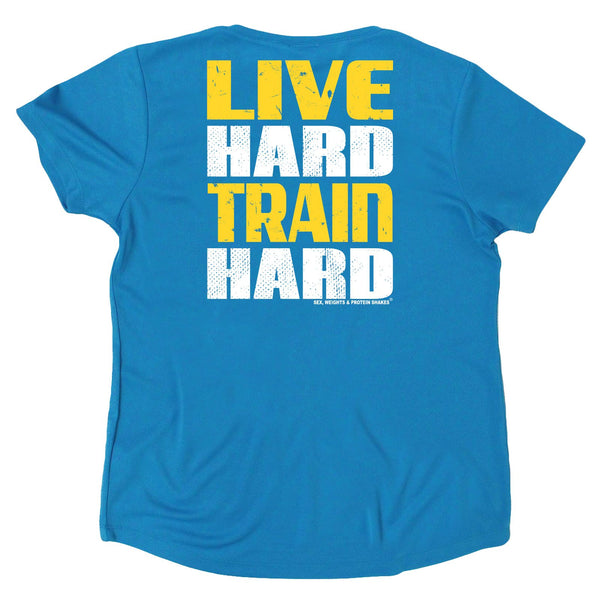 FB Sex Weights and Protein Shakes Womens Gym Bodybuilding Tee - Live Hard Train Hard - V Neck Dry Fit Performance T-Shirt