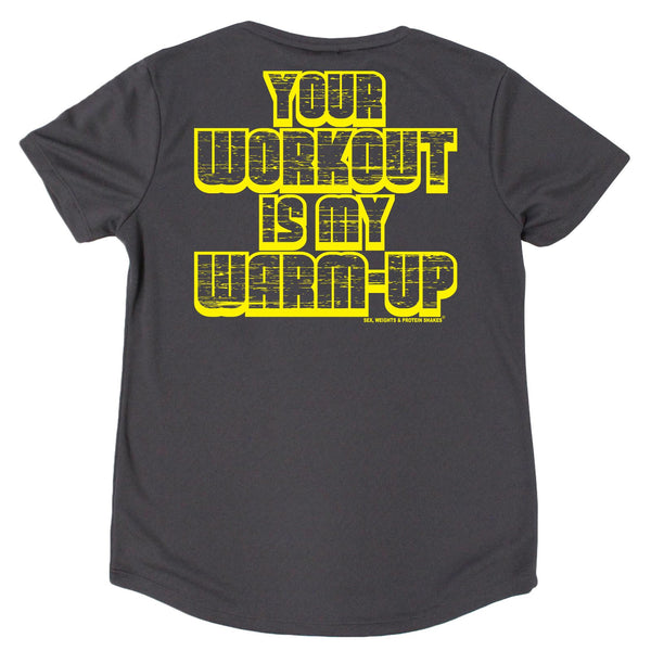 FB Sex Weights and Protein Shakes Womens Gym Bodybuilding Tee - My Warmup - V Neck Dry Fit Performance T-Shirt
