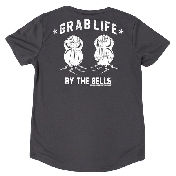 FB Sex Weights and Protein Shakes Womens Gym Bodybuilding Tee - Grab Life By The Bells - V Neck Dry Fit Performance T-Shirt