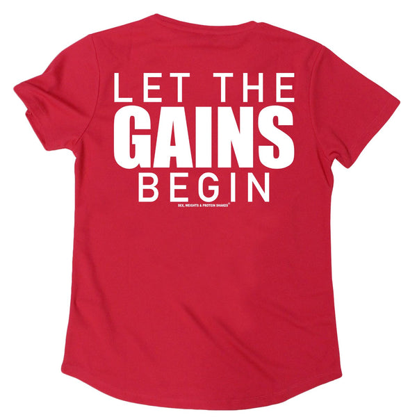 FB Sex Weights and Protein Shakes Womens Gym Bodybuilding Tee - Let The Gains Begin - V Neck Dry Fit Performance T-Shirt