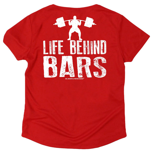 FB Sex Weights and Protein Shakes Womens Gym Bodybuilding Tee - Life Behind Bars - V Neck Dry Fit Performance T-Shirt