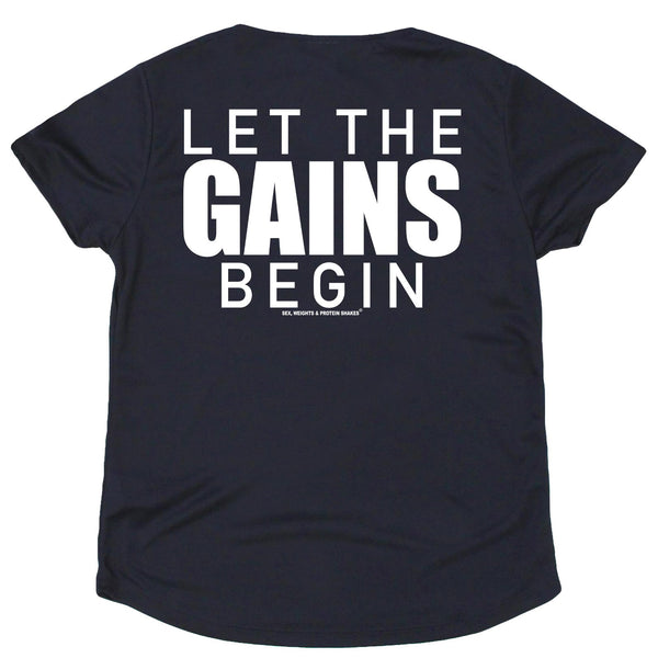 FB Sex Weights and Protein Shakes Womens Gym Bodybuilding Tee - Let The Gains Begin - V Neck Dry Fit Performance T-Shirt
