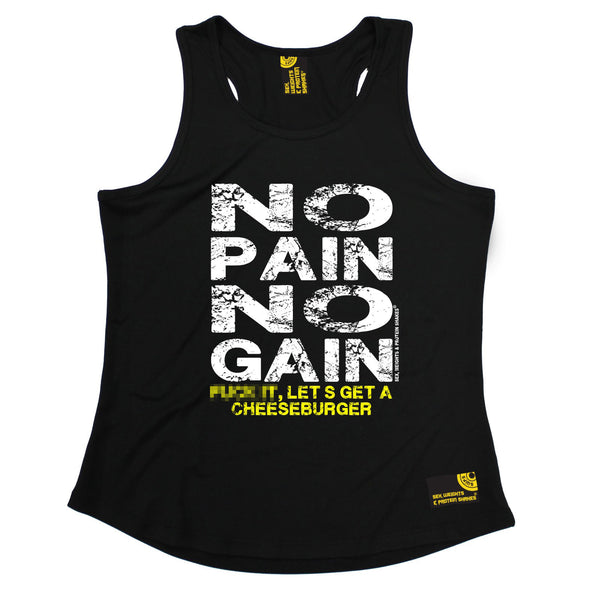 Sex Weights and Protein Shakes GYM Training Body Building -  No Pain No Gain ... Get A Cheeseburger - GIRLIE PERFORMANCE COOL VEST - SWPS Fitness Gifts