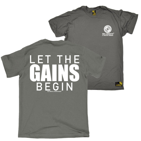FB Sex Weights and Protein Shakes Gym Bodybuilding Tee - Let The Gains Begin - Mens T-Shirt