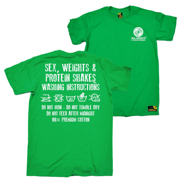 FB Sex Weights and Protein Shakes Gym Bodybuilding Tee - Washing Instructions - Mens T-Shirt