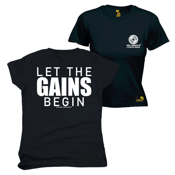 FB Sex Weights and Protein Shakes Gym Bodybuilding Tee - Let The Gains Begin -  Womens Fitted Cotton T-Shirt Top T Shirt