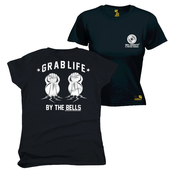 FB Sex Weights and Protein Shakes Gym Bodybuilding Tee - Grab Life By The Bells -  Womens Fitted Cotton T-Shirt Top T Shirt