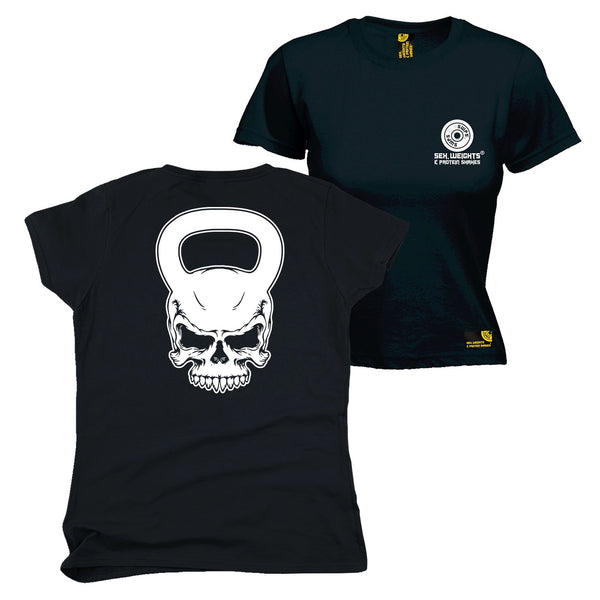 FB Sex Weights and Protein Shakes Gym Bodybuilding Tee - Skull Kettlebell -  Womens Fitted Cotton T-Shirt Top T Shirt
