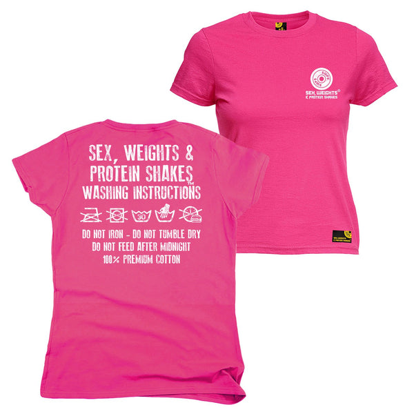FB Sex Weights and Protein Shakes Gym Bodybuilding Tee - Washing Instructions -  Womens Fitted Cotton T-Shirt Top T Shirt