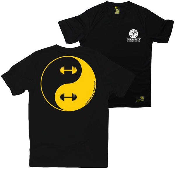 FB Sex Weights and Protein Shakes Gym Bodybuilding Tee - Dumbell Yin Yang - Dry Fit Performance T-Shirt
