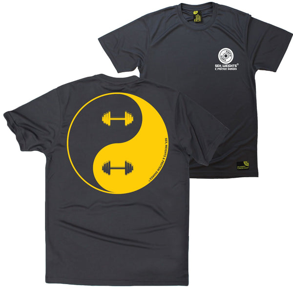 FB Sex Weights and Protein Shakes Gym Bodybuilding Tee - Dumbell Yin Yang - Dry Fit Performance T-Shirt