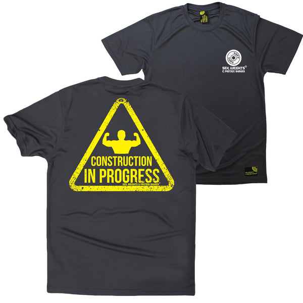 FB Sex Weights and Protein Shakes Gym Bodybuilding Tee - Construction In Progress - Dry Fit Performance T-Shirt