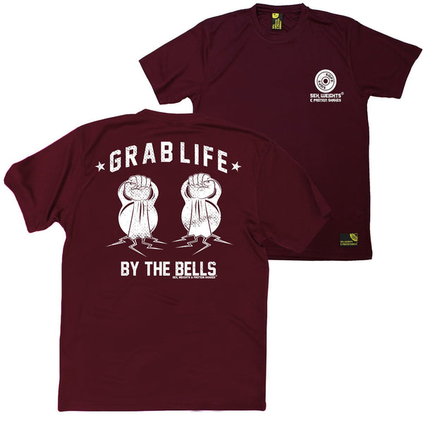 FB Sex Weights and Protein Shakes Gym Bodybuilding Tee - Grab Life By The Bells - Dry Fit Performance T-Shirt