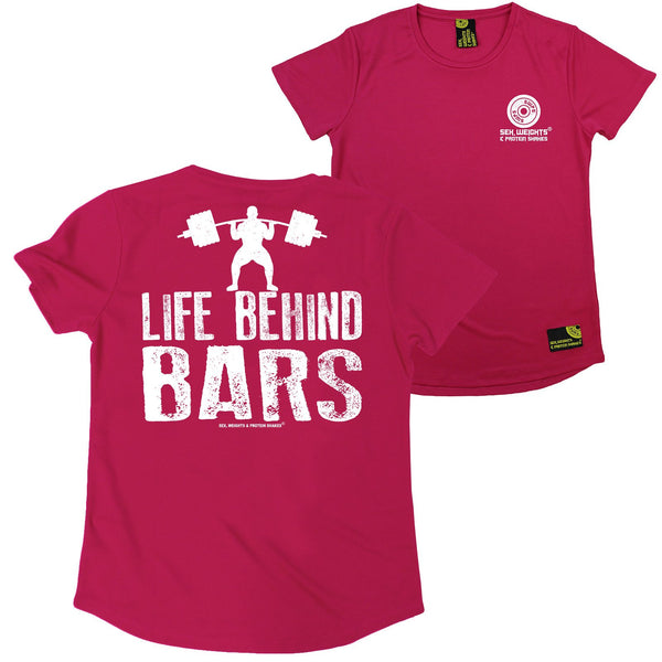 FB Sex Weights and Protein Shakes Gym Bodybuilding Ladies Tee - Life Behind Bars - Round Neck Dry Fit Performance T-Shirt