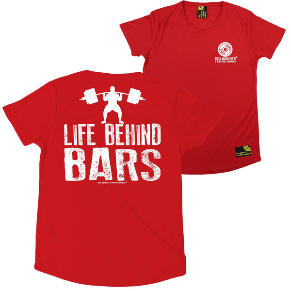 FB Sex Weights and Protein Shakes Gym Bodybuilding Ladies Tee - Life Behind Bars - Round Neck Dry Fit Performance T-Shirt