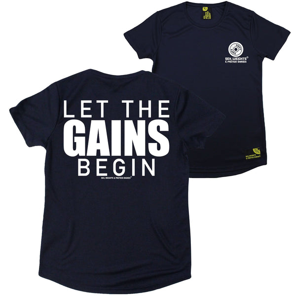 FB Sex Weights and Protein Shakes Gym Bodybuilding Ladies Tee - Let The Gains Begin - Round Neck Dry Fit Performance T-Shirt