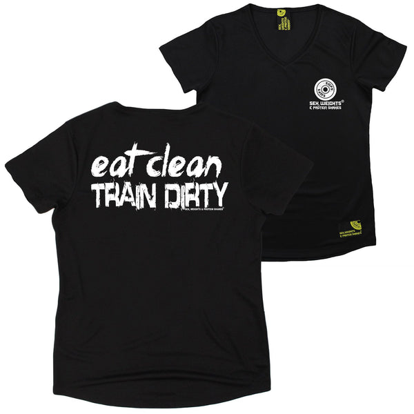 FB Sex Weights and Protein Shakes Womens Gym Bodybuilding Tee - Eat Clean Train Dirty - V Neck Dry Fit Performance T-Shirt