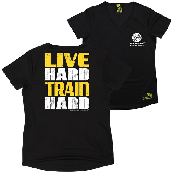 FB Sex Weights and Protein Shakes Womens Gym Bodybuilding Tee - Live Hard Train Hard - V Neck Dry Fit Performance T-Shirt
