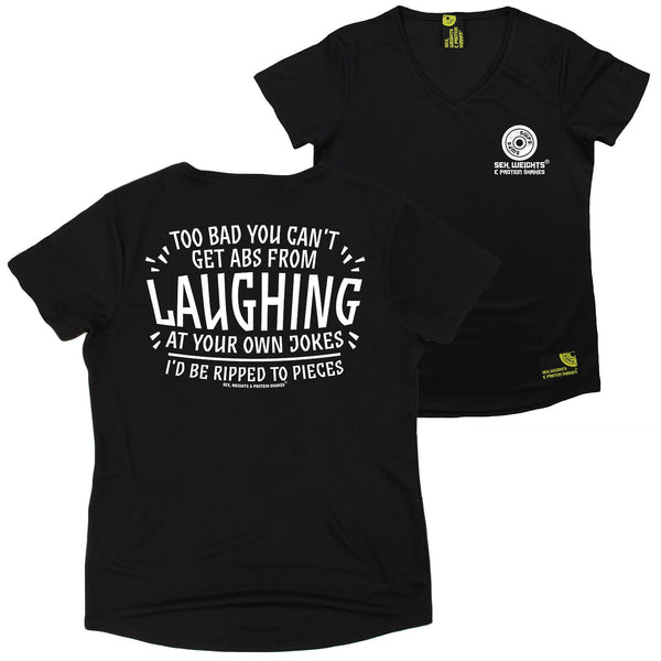 FB Sex Weights and Protein Shakes Womens Gym Bodybuilding Tee - Laughing At Your Own Jokes - V Neck Dry Fit Performance T-Shirt