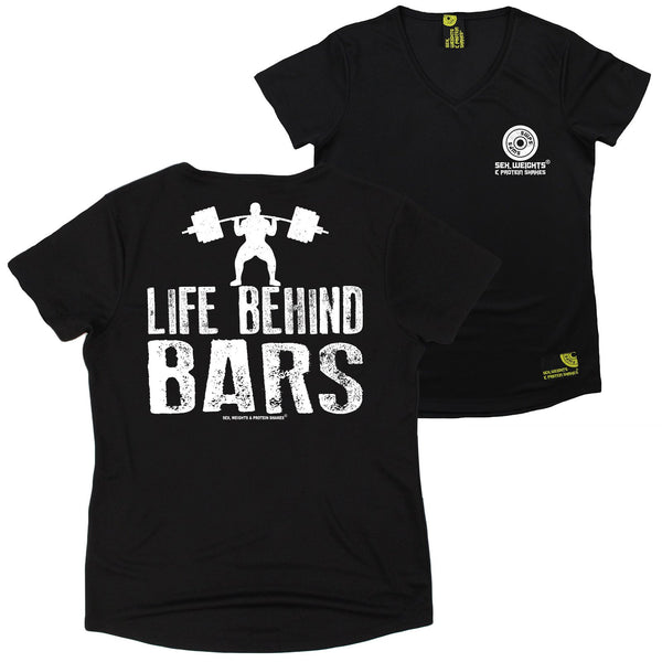 FB Sex Weights and Protein Shakes Womens Gym Bodybuilding Tee - Life Behind Bars - V Neck Dry Fit Performance T-Shirt