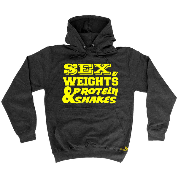 Sex Weights & Protein Shakes ... Yellow Text Hoodie