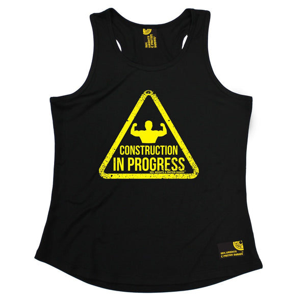 SWPS Construction In Progress Sex Weights And Protein Shakes Gym Girlie Training Vest