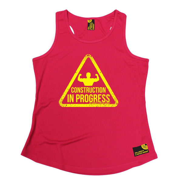 SWPS Construction In Progress Sex Weights And Protein Shakes Gym Girlie Training Vest