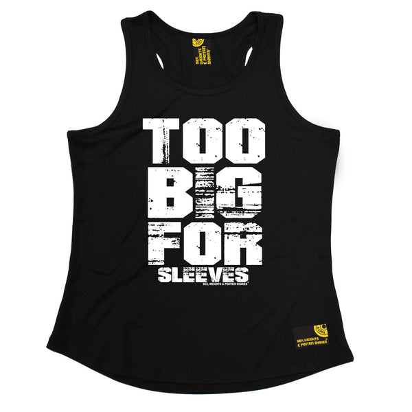 Sex Weights and Protein Shakes GYM Training Body Building -  Too Big For Sleeves - GIRLIE PERFORMANCE COOL VEST - SWPS Fitness Gifts
