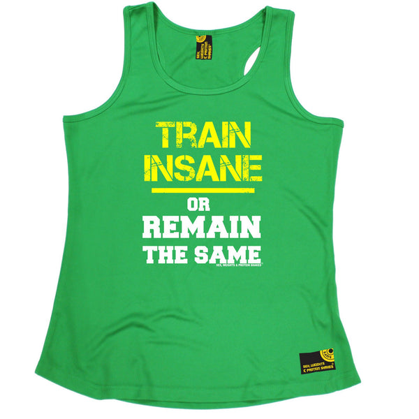 Sex Weights and Protein Shakes GYM Training Body Building -  Train Insane Or Remain The Same - GIRLIE PERFORMANCE COOL VEST - SWPS Fitness Gifts