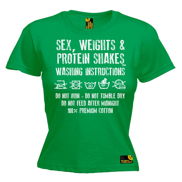 Sex Weights & Protein Shakes ... Washing Instructions Women's Fitted T-Shirt