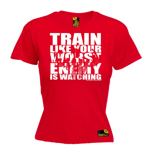 Sex Weights and Protein Shakes GYM Training Body Building -  Women's Train Like Your Worst Enemy Is Watching - FITTED T-SHIRT - SWPS Fitness Gifts