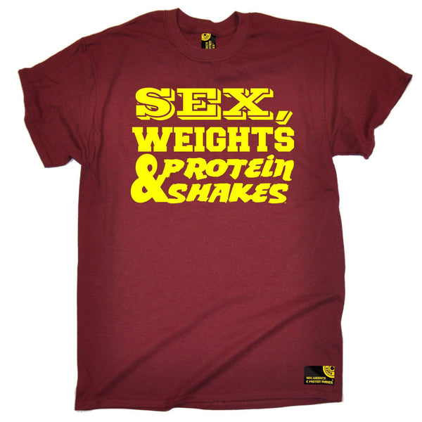 Sex Weights and Protein Shakes Men's Yellow Text Design Sex Weights & Protein Shakes Gym T-Shirt