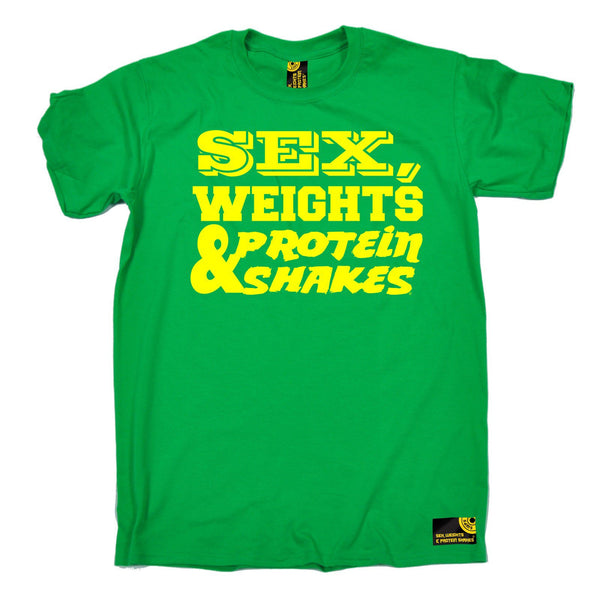Sex Weights and Protein Shakes Men's Yellow Text Design Sex Weights & Protein Shakes Gym T-Shirt