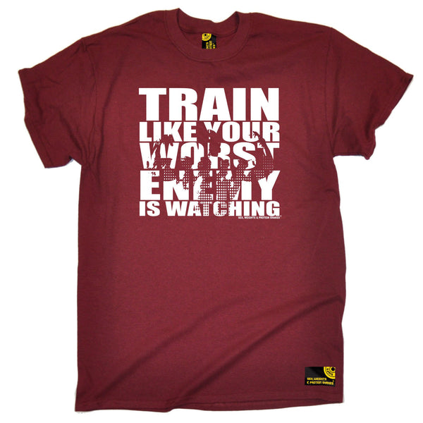 Sex Weights and Protein Shakes GYM Training Body Building -  Men's Train Like Your Worst Enemy Is Watching T-SHIRT - SWPS Fitness Gifts