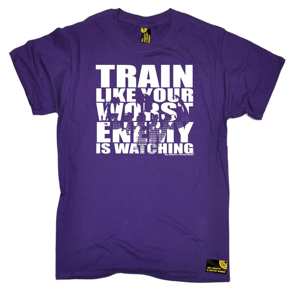 SWPS Men's Train Like Your Enemy Is Watching Sex Weights And Protein Shakes Gym T-Shirt