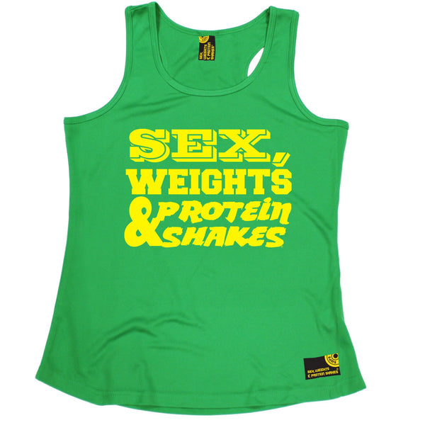 Sex Weights & Protein Shakes ... Yellow Text Girlie Performance Training Cool Vest