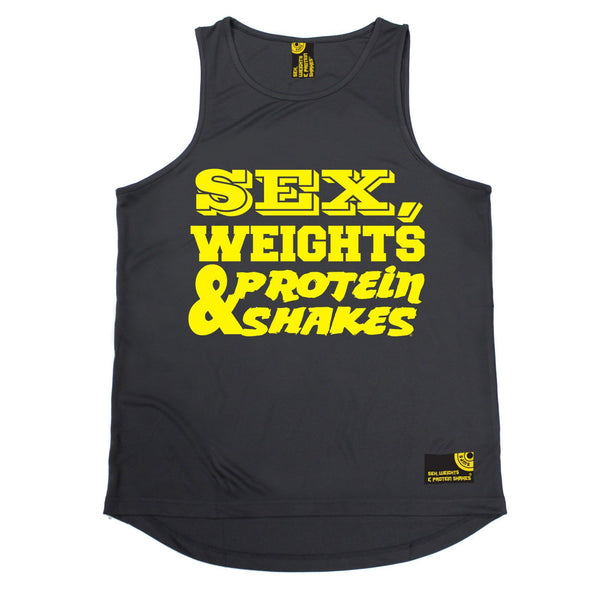 SWPS Yellow Text Design Sex Weights & Protein Shakes Gym Men's Training Vest