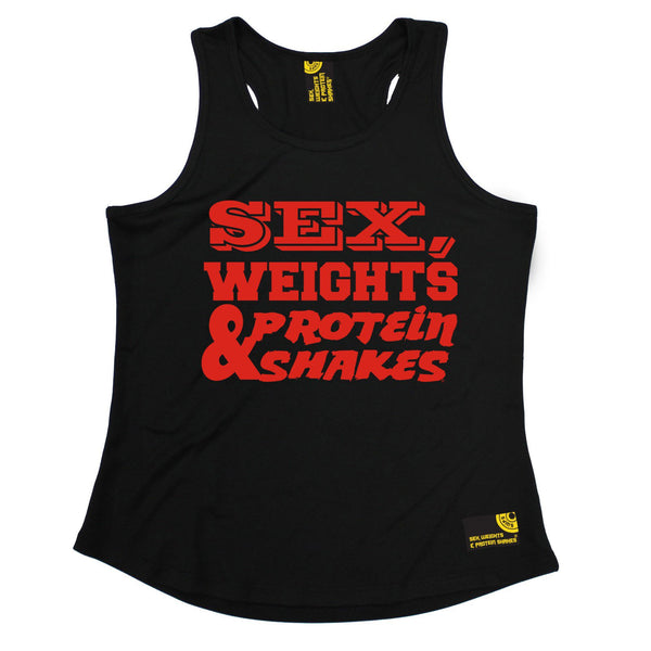 Sex Weights and Protein Shakes Sex Weights & Protein Shakes Red Text Gym Girlie Training Vest