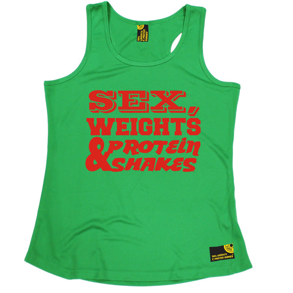 Sex Weights & Protein Shakes ... Red Text Girlie Performance Training Cool Vest