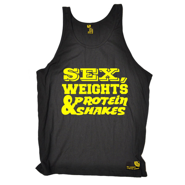 Sex Weights and Protein Shakes Yellow Text Design Sex Weights & Protein Shakes Gym Vest Top