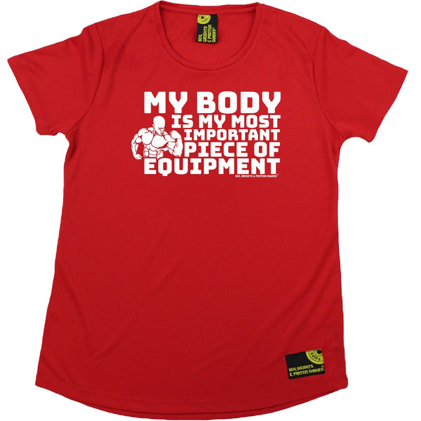 SWPS Womens - My Body Is My Most Important Equipment - Gym DRYFIT PERFORMANCE ROUND NECK T-SHIRT