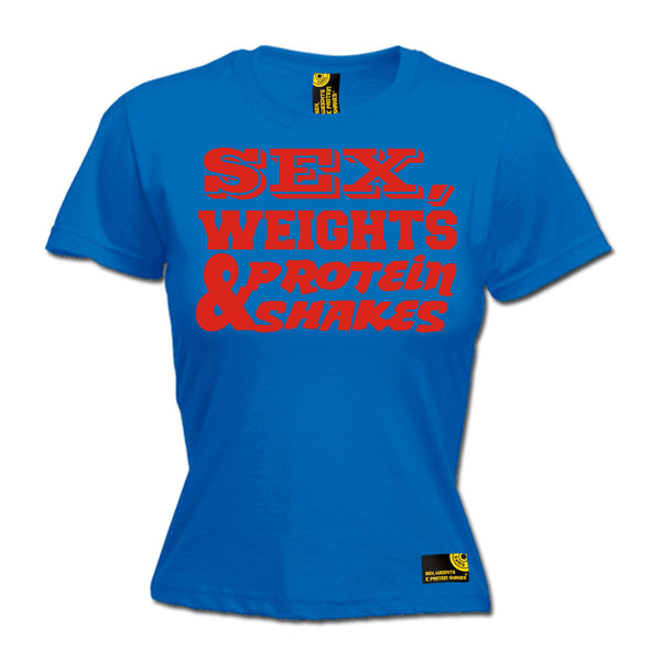 Sex Weights & Protein Shakes ... Red Text Women's Fitted T-Shirt
