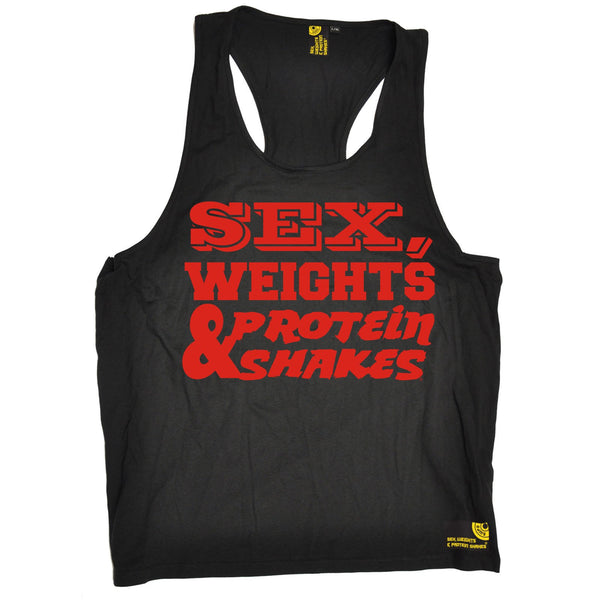 Sex Weights and Protein Shakes Sex Weights & Protein Shakes Red Text Gym Men's Tank Top