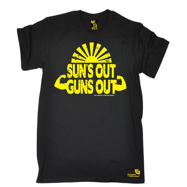 SWPS Men's Suns Out Guns Out Sex Weights And Protein Shakes Gym T-Shirt